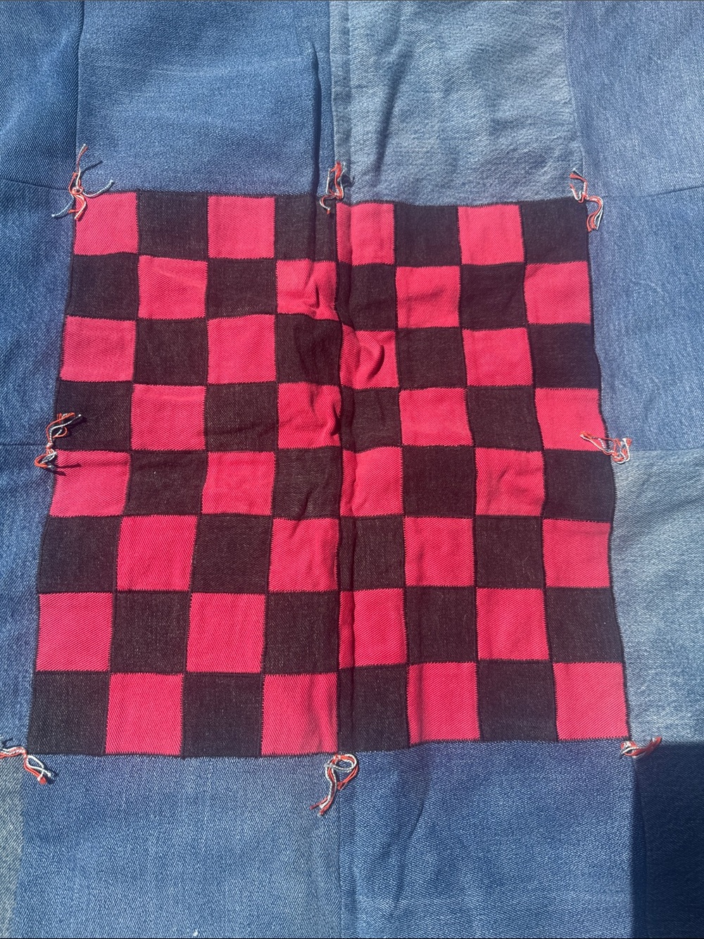 Upcycled Denim Checkers Game Mat with denim pockets to hold checkers. - Picture 2 of 4